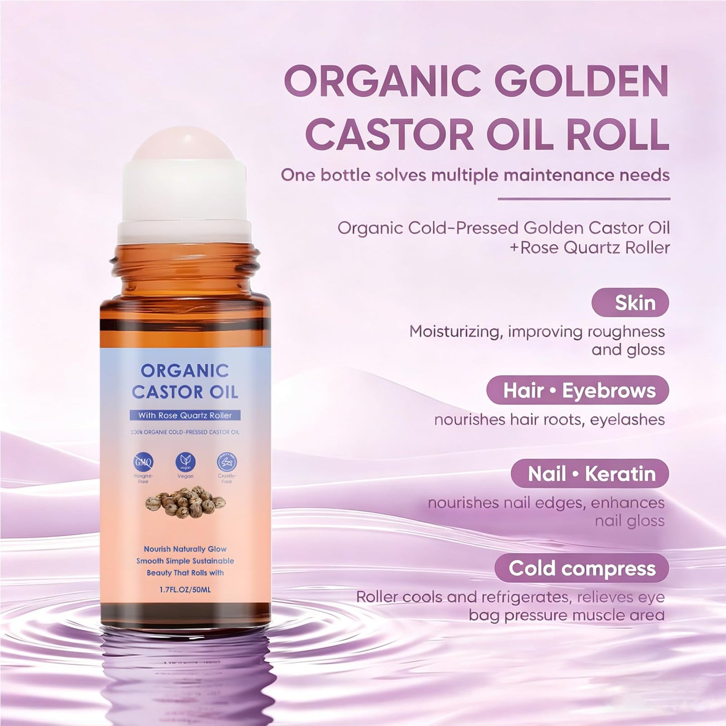 Omexry Organic Castor Oil Rose Quartz Roller Ball - Cold-Pressed Castor Oil Roll On, Rose Quartz Roller Olis for Hair Face & Body, Skin Moisturizing & Reduces Fine Lines (1PC)