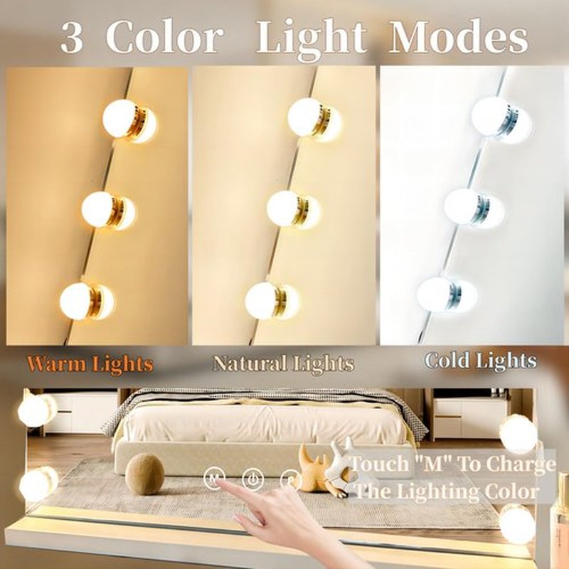NUSVAN Vanity Mirror with Lights,Makeup Mirror with Lights with 17 Dimmable LED Bulbs, 3 Color Lighting Modes Detachable 10X Magnification Mirror Touch Control, 23.6X19,7 inch, White