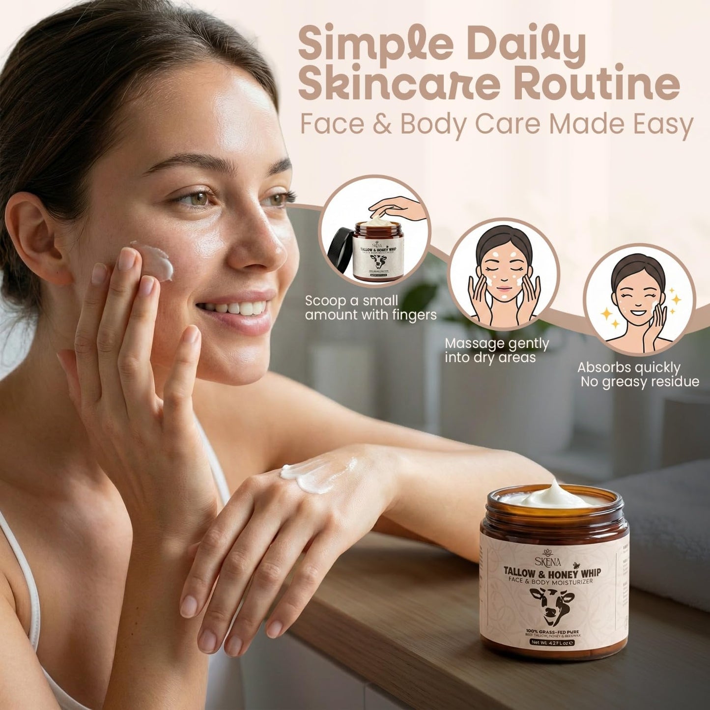 Grass-Fed Beef Tallow Moisturizer with Honey & Beeswax – Whipped Tallow Face Cream for Deep Hydration – Natural Face & Body Balm for Dry, Sensitive Skin – 4.2 oz for Men & Women