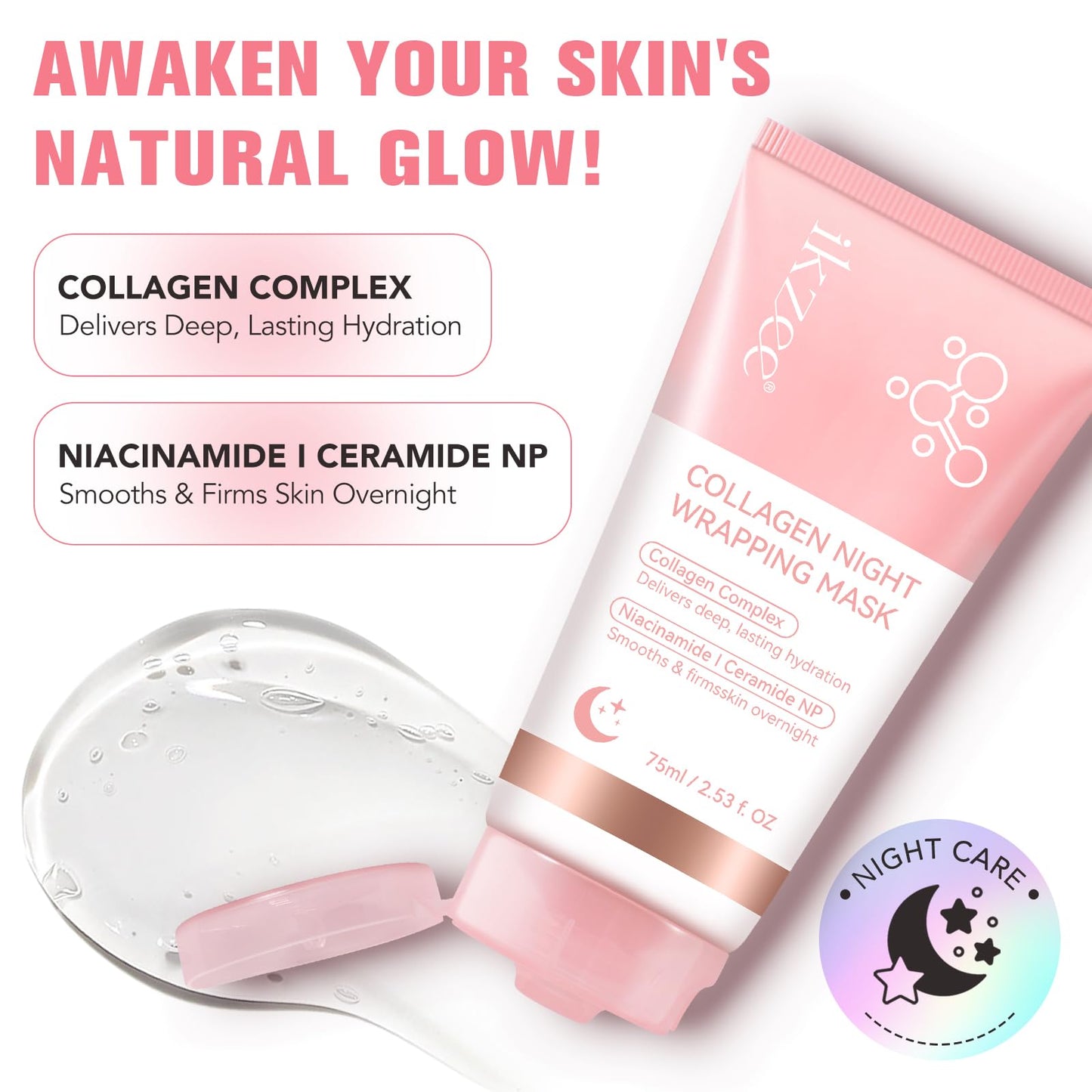 IKZEE Collagen Night Wrapping Mask, Overnight Peel Off Facial Mask with Hydrolyzed Collagen for Hydrated, Plumped & Smooth Skin