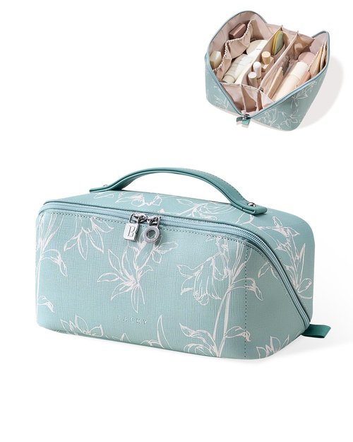 EACHY Travel Makeup Bag,Large Capacity Cosmetic Bags for Women,Waterproof Portable Pouch Open Flat Toiletry Bag Pattern Makeup Bag (F-Green-Large)