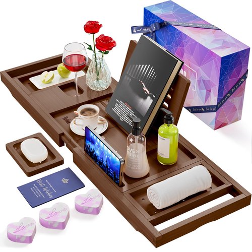 Yirilan Bathtub Caddy Tray, Foldable Bathroom Tray with Extending Side, and Waterproof Fabric Bookshelf, Luxury Bath Tray -Brown