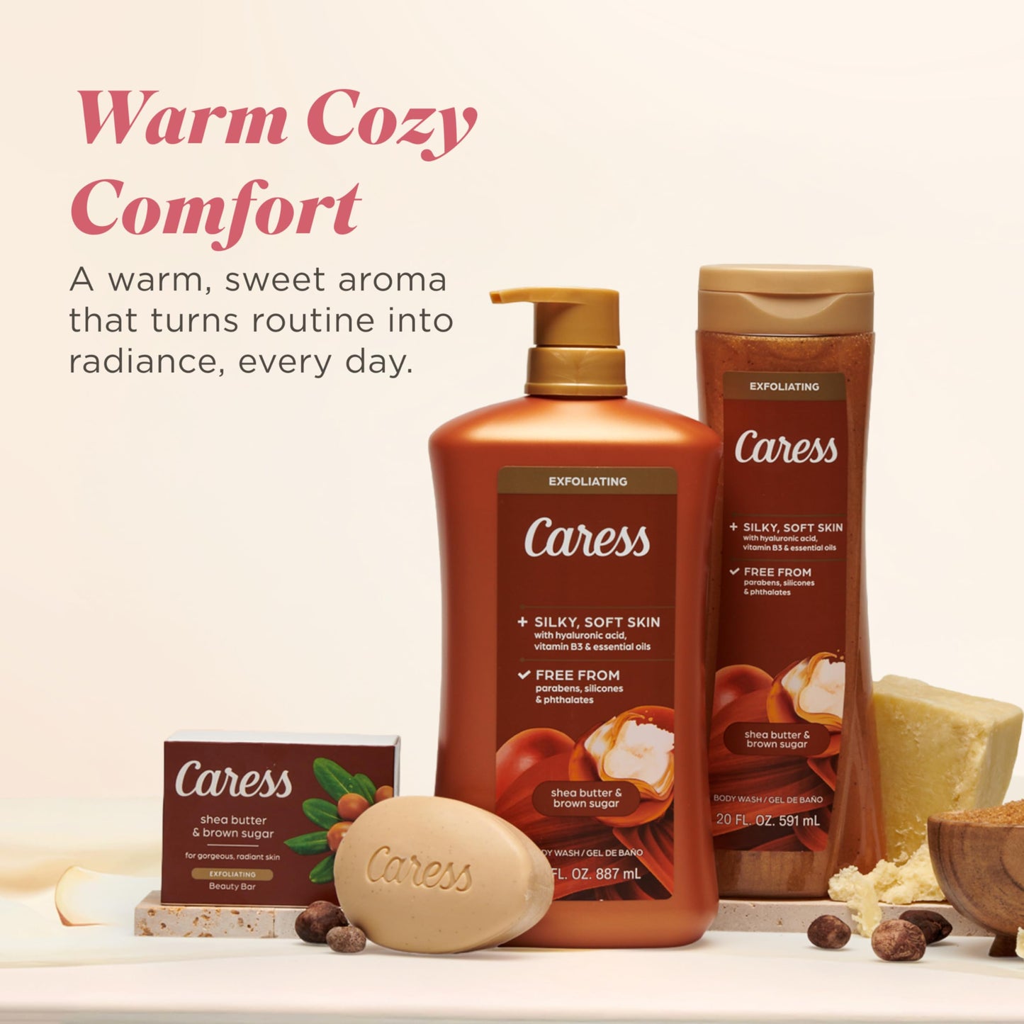 Caress 2-in-1 Beauty Bar Soap Exfoliating and Nourishing Shea Butter and Brown Sugar 3.15 oz 3 Bars