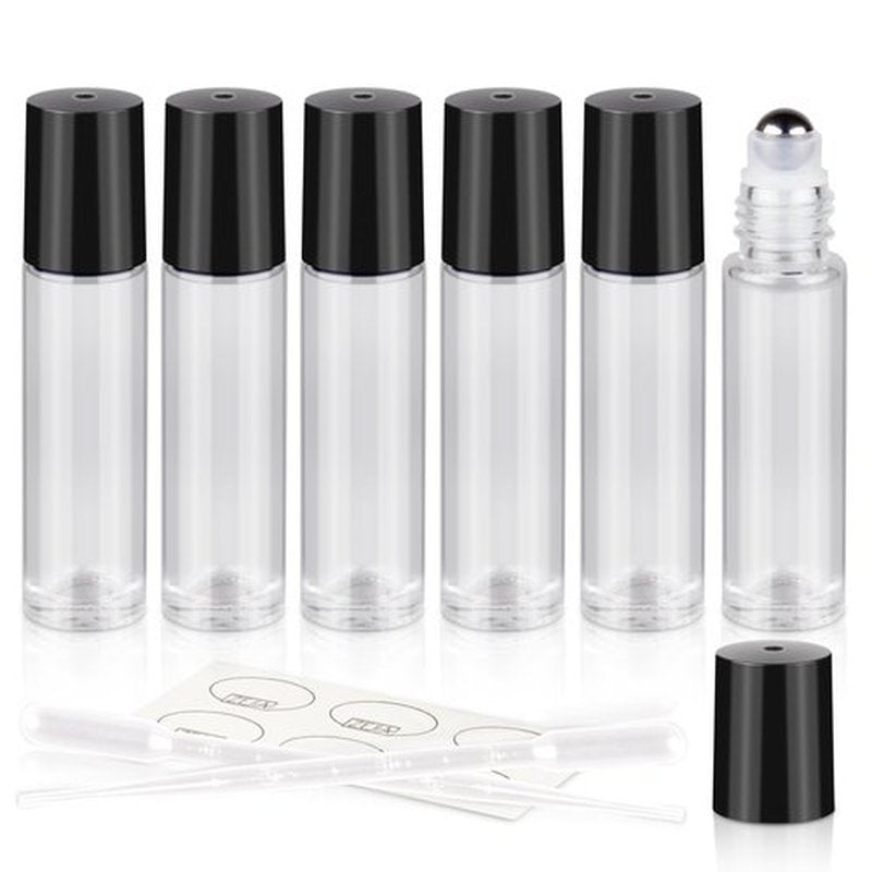 ZEJIA 10ml roller bottles for essential oils, 6 Pack Clear Roll on Bottles, Thick Glass Roller Bottles for Oils, with Stainless Steel Roller Balls, 2 Droppers