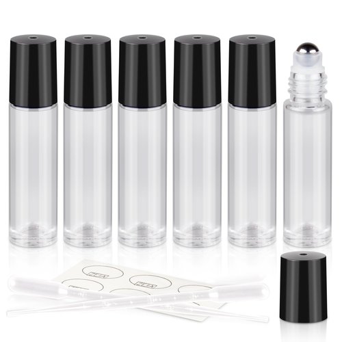 ZEJIA 10ml roller bottles for essential oils, 6 Pack Clear Roll on Bottles, Thick Glass Roller Bottles for Oils, with Stainless Steel Roller Balls, 2 Droppers