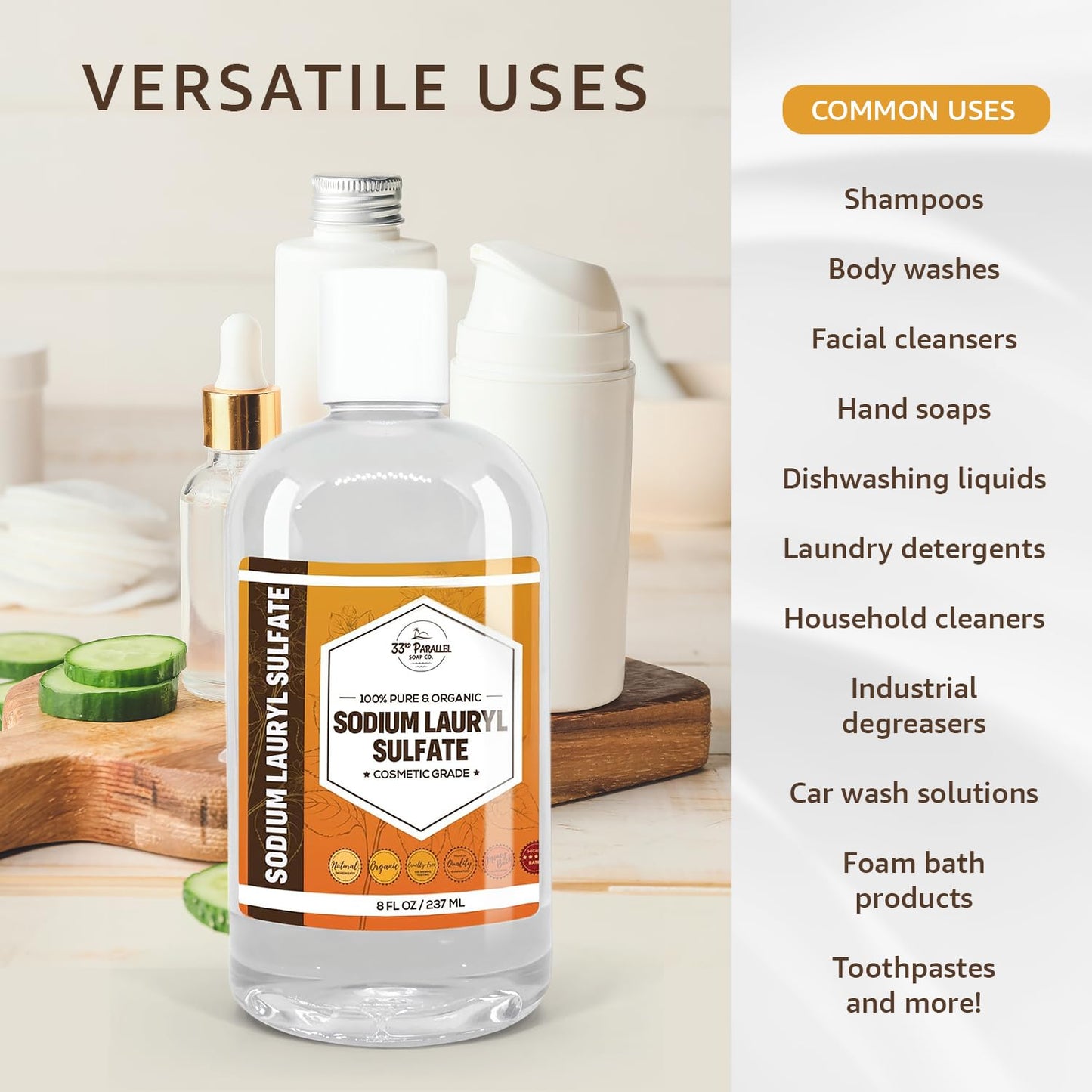 33RD PARALLEL SOAP CO. Sodium Lauryl Sulfate (SLS) Liquid (32oz) | Powerful Foaming Cleanser & Emulsifier for Shampoos, Body Wash, Soaps, Detergents & Household Cleaning Products | 32 OUNCES