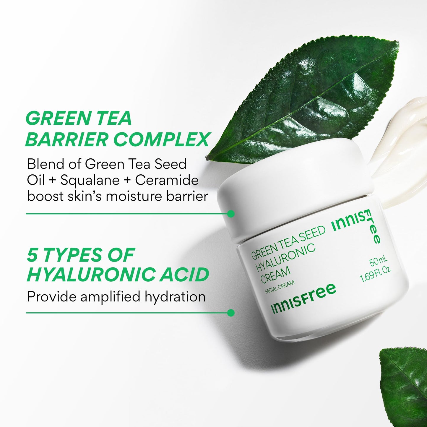 innisfree Green Tea Seed Hyaluronic Acid Cream, Korean Face Moisturizer with Ceramide & Skin Barrier Complex, Fragrance-Free & Non-Comedogenic, Jumbo
