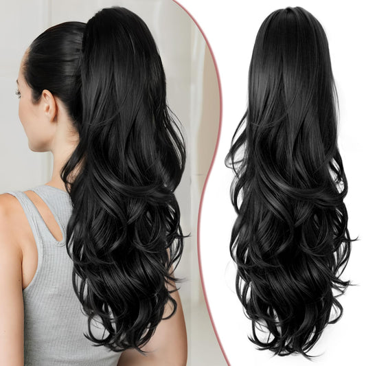 SHNMIN Ponytail Extension, Drawstring Ponytail Extension for Women 24 inch Long Wavy Pony Tails Clip in Ponytail Hair Extensions Synthetic Layered Ponytail for Daily Use