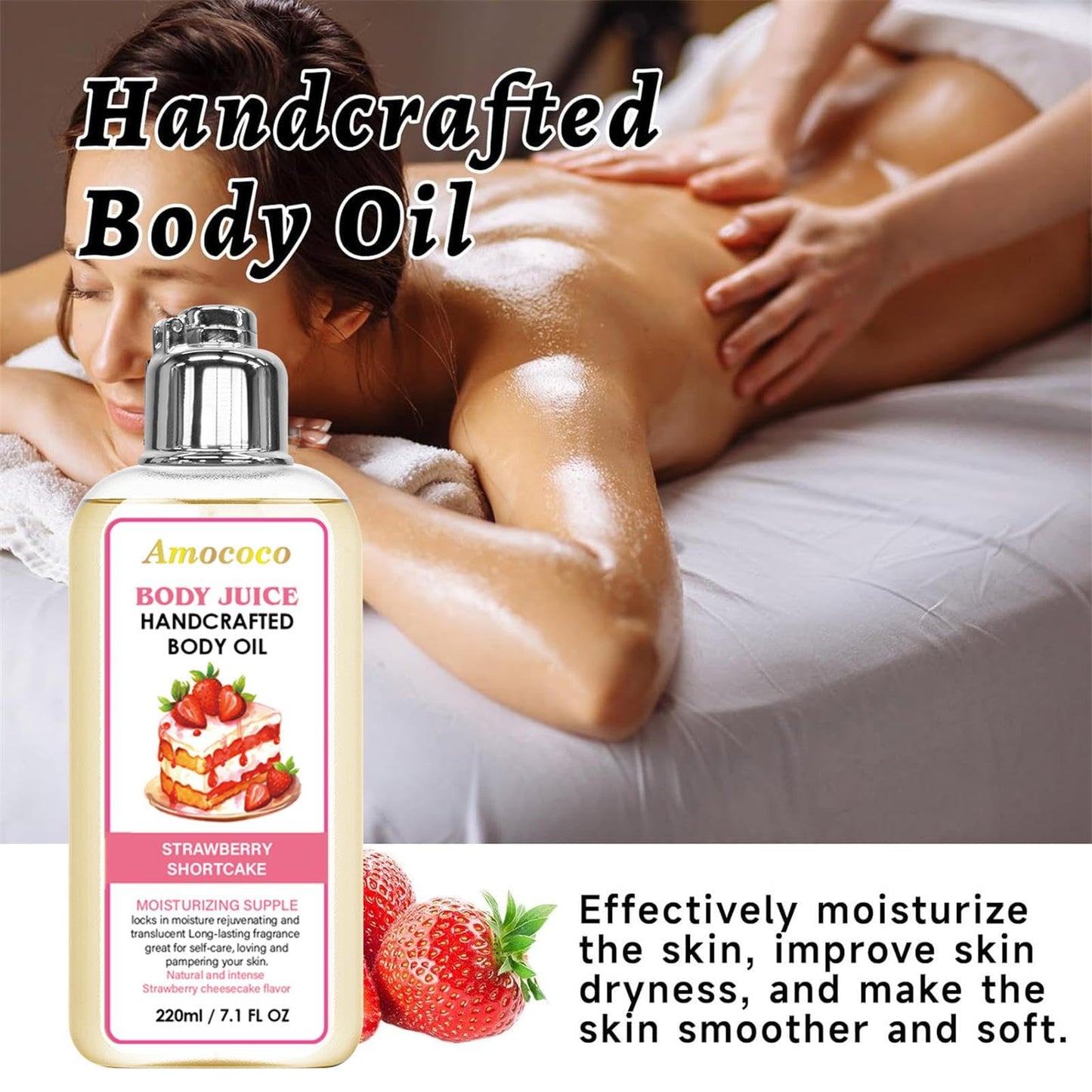 Amococo Strawberry Body Juice Oil, Moisturizing Dry Skin Care with Natural Oils, Lightweight Fast Absorbing Formula for Soft Smooth Skin, 7.1 Fl Oz