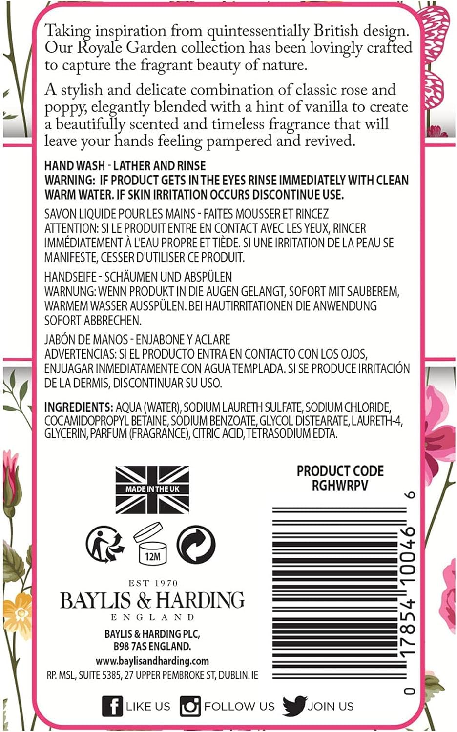 Baylis & Harding Royale Garden Liquid Hand Soap with Dispenser - Rose, Poppy & Vanilla, 16.9oz (6-Pack)