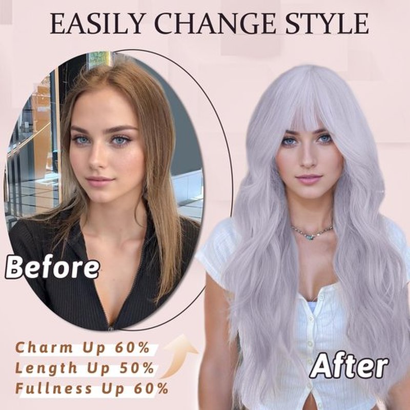 NAYOO Gray Wigs with Bangs for Women Long Curly Wavy Hair Wigs Heat Resistant Synthetic Fiber Wigs for Daily Party Use 26 Inches (Silver Gray)