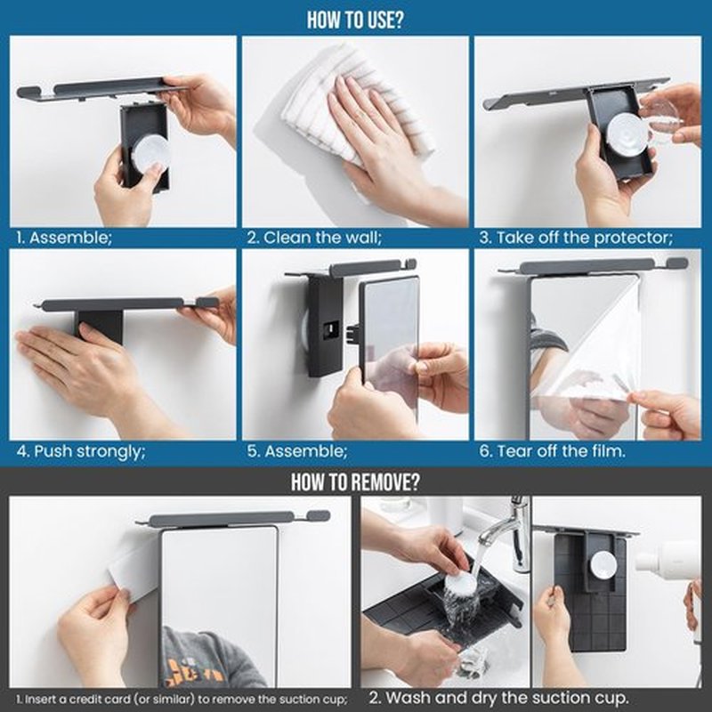 TAILI Shower Mirror Fogless for Shaving with Razor Holder, NO-Drilling & Removable Large Mirror Fogless Suction Wall Mounted, Shatterproof & Waterproof - for Men and Women(Grey)