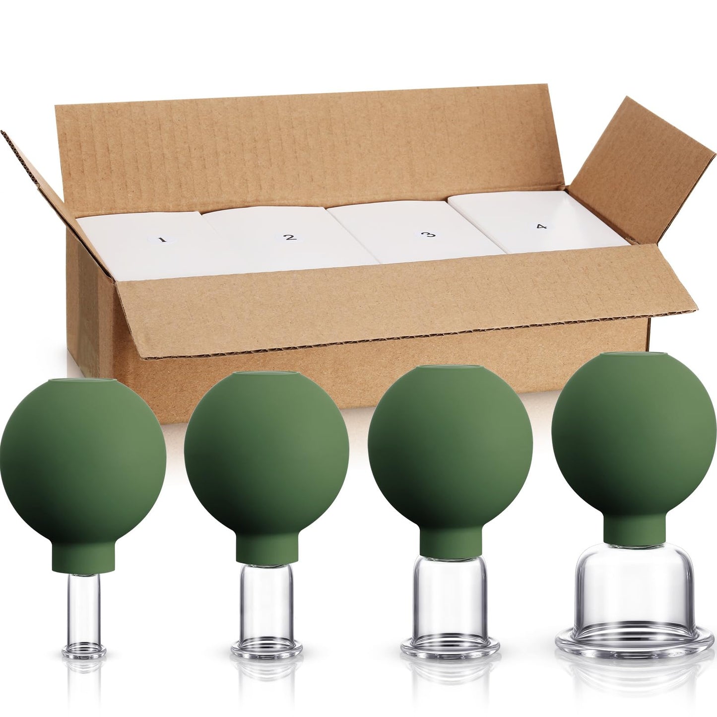 BBTO 4 Pcs Glass Facial Cupping Set Silicone Vacuum Suction Massage Cups Skin Tightening Therapy for Face Body Eyes Back Shoulder Pain(Military Green)