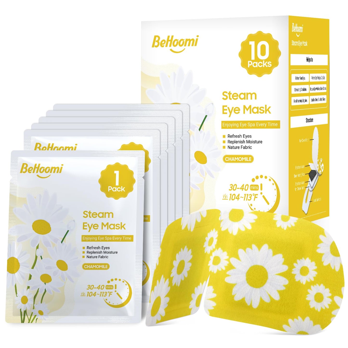 BeHoomi Steam Eye Mask, 10Packs Heated Eye Mask, Self Heating Disposable SPA Warm Compress for Eyes Sleep Mask, Travel Essentials & Relaxation Gifts for Women (Chamomile Scent)