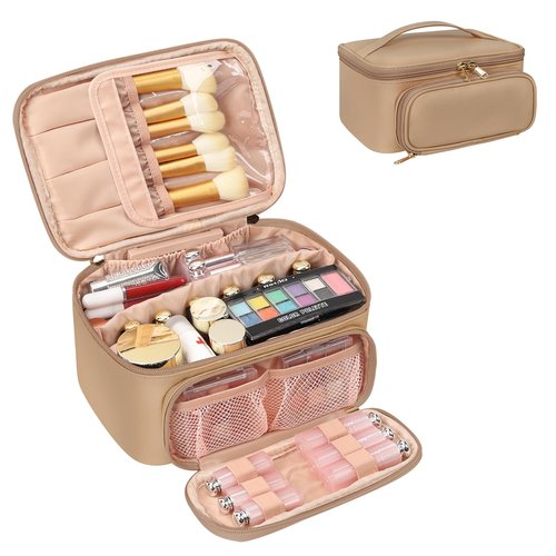 OCHEAL Makeup Bag, Multifunctional Make Up Bags Large Compact Makeup Bag Organizer Cosmetics Toiletry Brushes Storage Case for Women Girls Makeup Case with Handle Divider-Beige Apricot