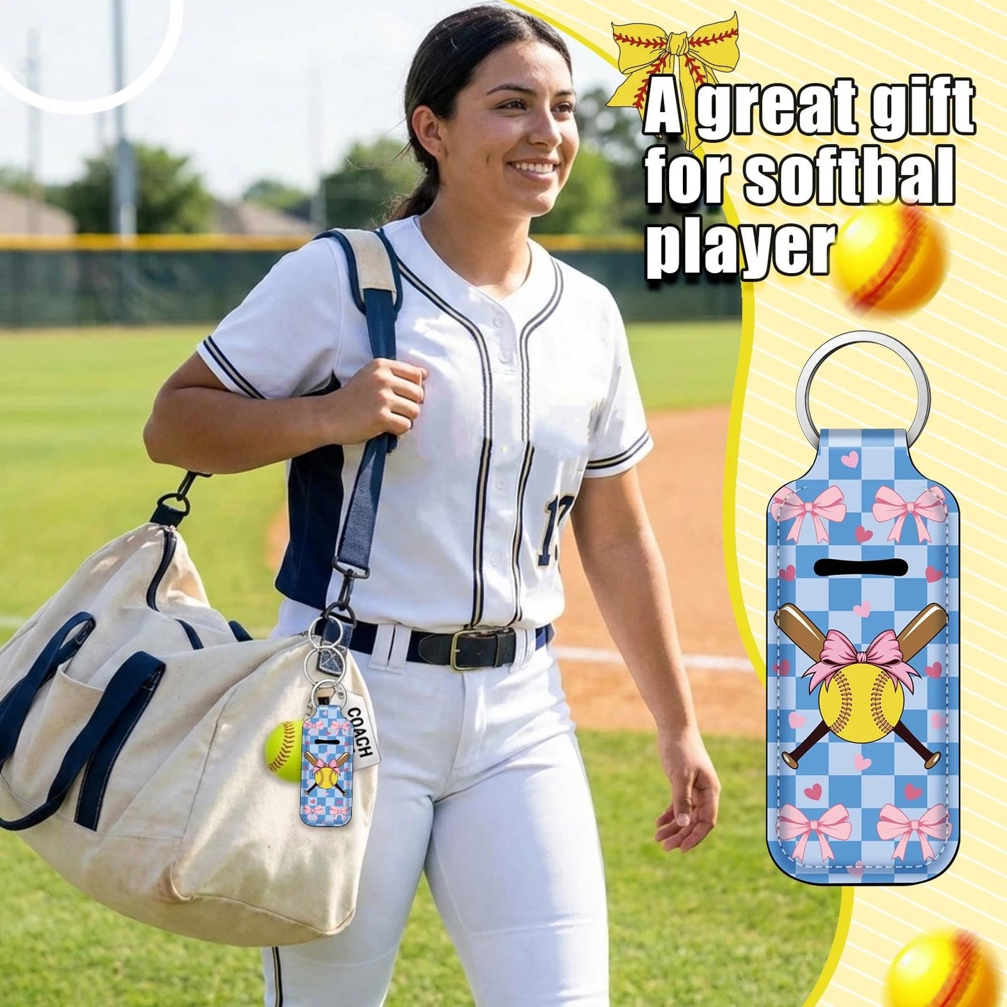 Ctosree 20 Pcs Coquette Softball Party Favors Lipstick Holder Keychains Bulk Softball Bow Lip Balm Holder Keychain Sport Ball Team Gifts Bulk for Sports Team Fans Birthday Party Supplies