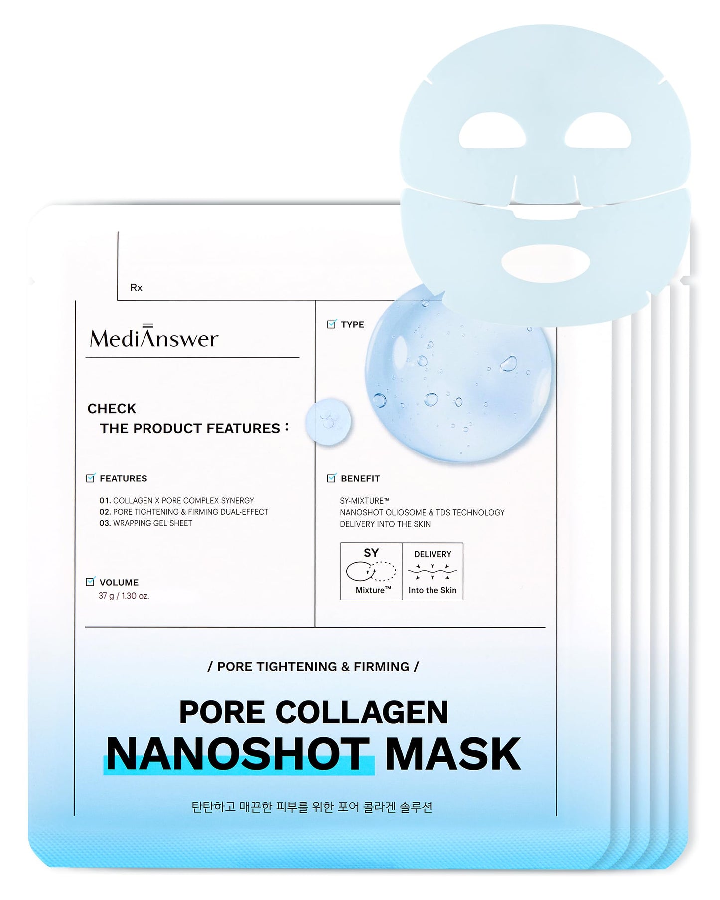 Medianswer Pore Minimizing Collagen Nanoshot Mask - Korean Hydrogel Face Sheet Masks with 100Da & 500Da Dual Collagen + Spanish Clay, Niacinamide & Salicylate Complex, Cooling Sebum Control 5 Sheets