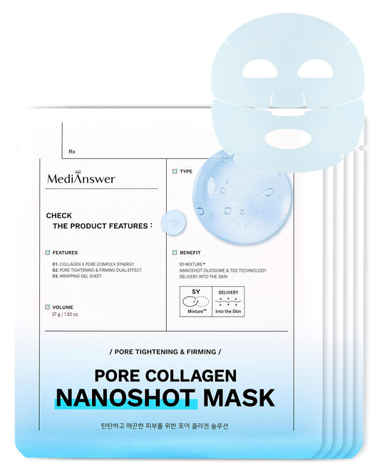 Medianswer Pore Minimizing Collagen Nanoshot Mask - Korean Hydrogel Face Sheet Masks with 100Da & 500Da Dual Collagen + Spanish Clay, Niacinamide & Salicylate Complex, Cooling Sebum Control 5 Sheets