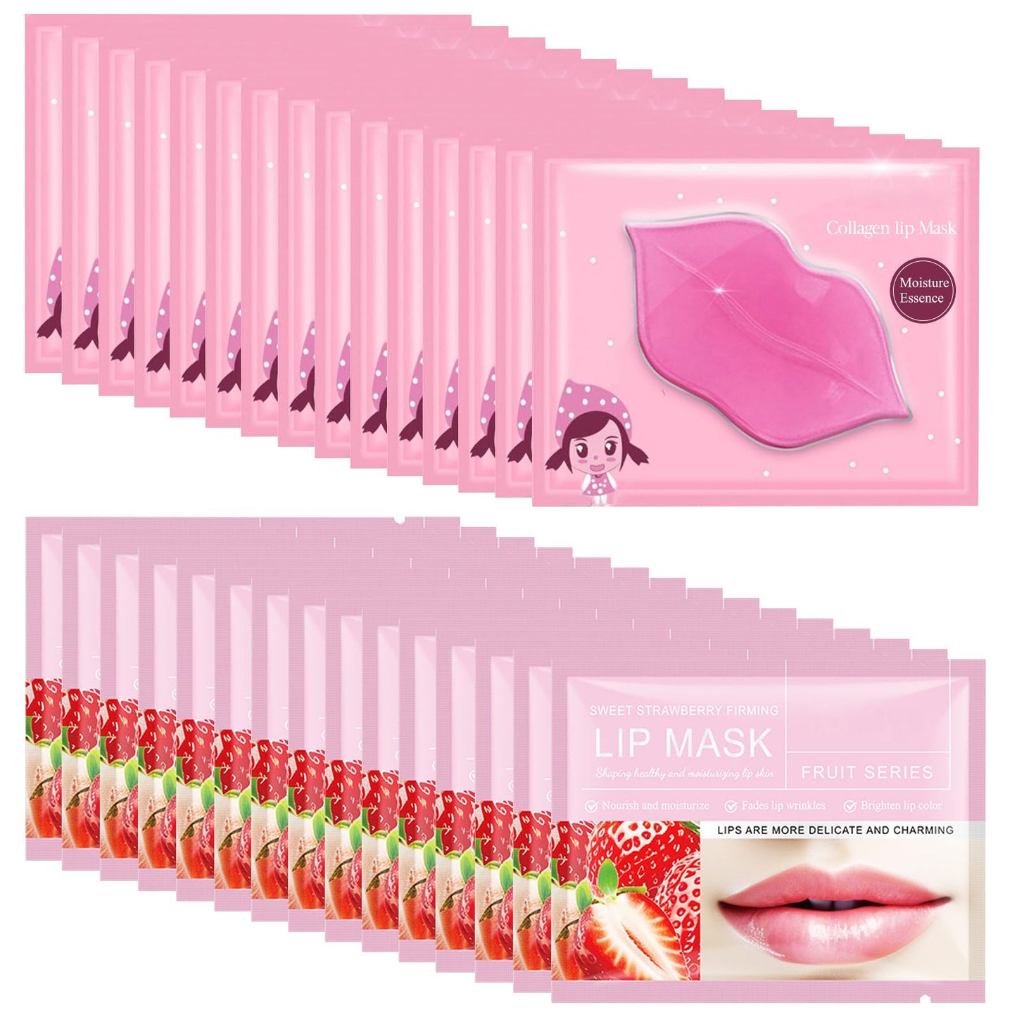 Felico 30PCS Lip Mask Patches,Collagen Crystal Pink Care Gel Pads for Moisturizing,Reduced Chapped,Smoothing,Fine Lines,Remove Dead Skin Moisture Essence Make Your Dry Lips Attractive Sexy Strawberry