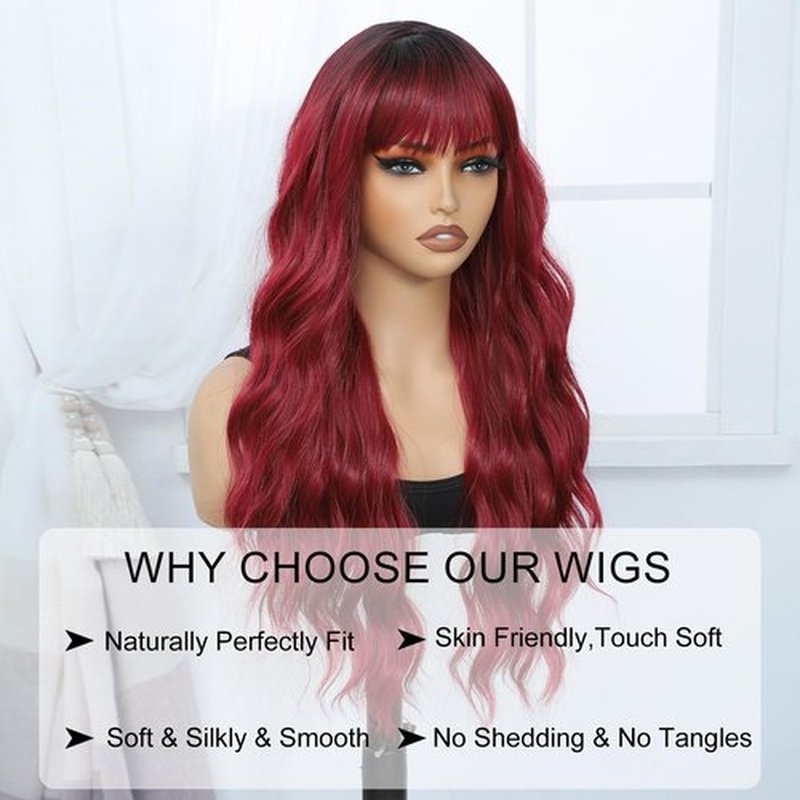 Amarlis Wine Red Wavy Wig for Women, 24 Inch Ombre Burgundy Curly Wigs with Bangs Natural Looking Heat Resistant Synthetic Fiber Wig