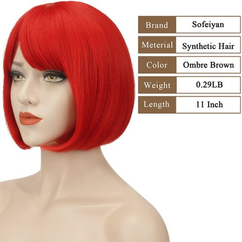 SOFEIYAN Short Straight Bob Wigs with Bangs 11 inch Synthetic Daily Party Cosplay Hair Wig for Black Women, Red