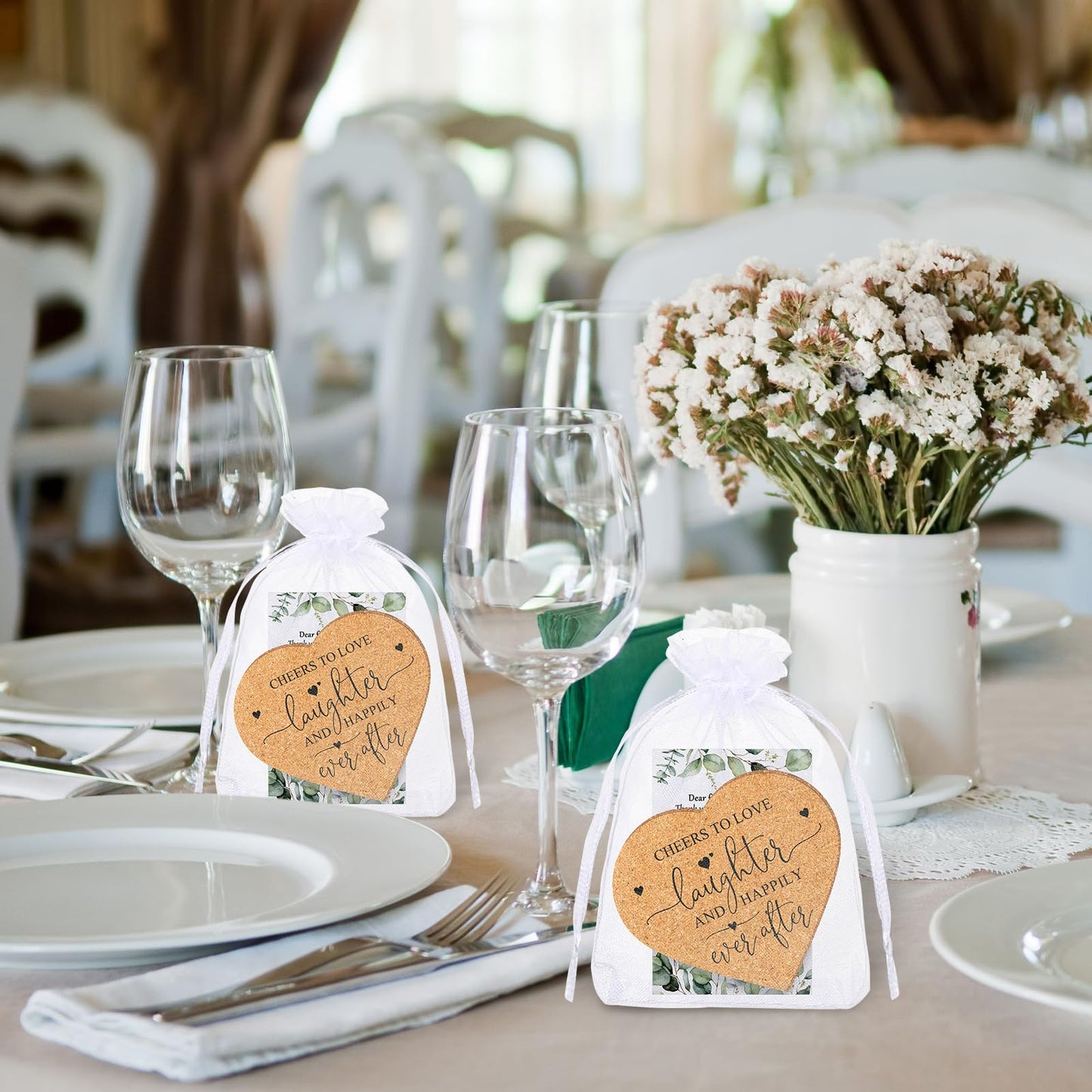 Uiifan 50 Set Wedding Favors for Guest Coaster Gifts Bulk Heart Shaped Coasters Thank You Cards Organza Bags Guest Souvenirs for Wedding Party Bridal Favors