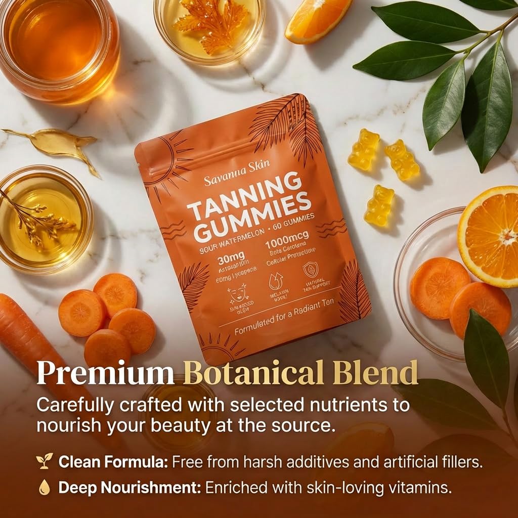 Lyva Savanna Skin Tanning Gummies - Natural Sunless Glow Supplement with Beta-Carotene & Vitamin C – 60 Vegan Gummies for a Golden, Radiant Complexion