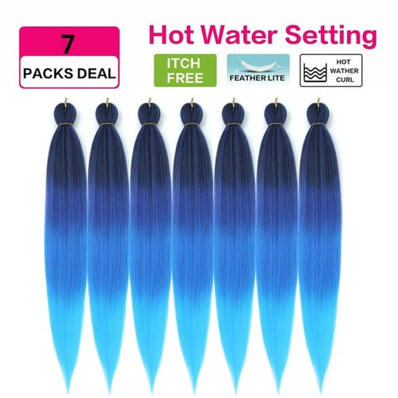 36'' Ombre Pre Stretched Braiding Hair Yaki Texture Crochet Braid Hair Extensions 4 Tones Braiding Hair Pre Stretched (7packs,1b/purple/blue/l.blue)