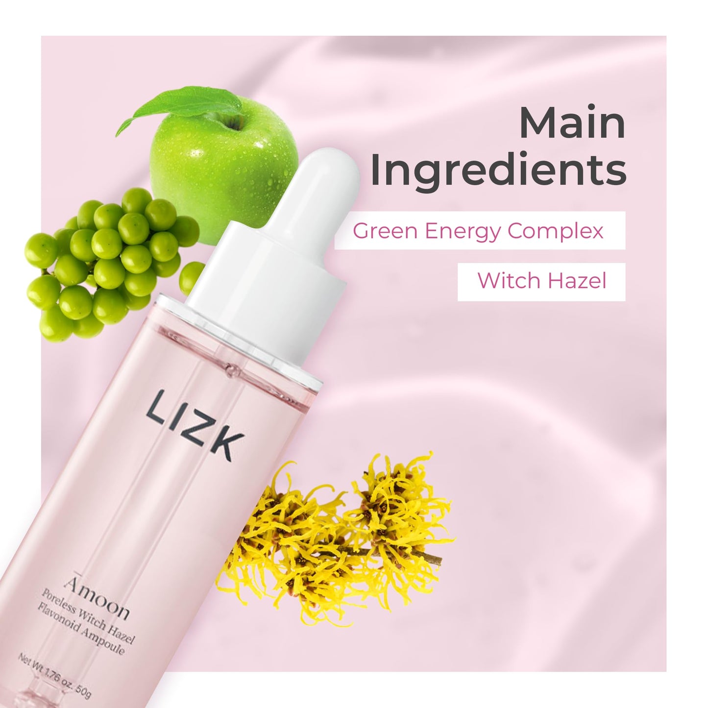 LIZK Amoon Poreless Witch Hazel Flavonoid Ampoule - Skin Hydrating, Revitalizing Effect with Niacinamide, Adenosine, and Panthenol, Smooth, Healthy-Looking Skin, 1.76oz.