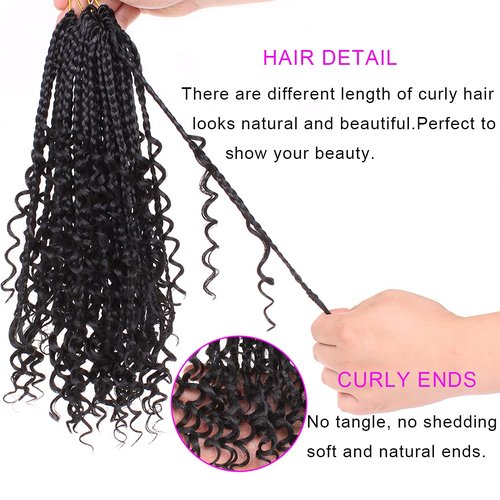 Unionbeauty 8 Packs Boho Box Braids Crochet Hair 14 Inch Messy Goddess Box Braids Crochet Hair Curly Ends Pre-looped Individual Synthetic Braiding Hair Bob Bohemian Hippie Braids for Black Woman 1B#