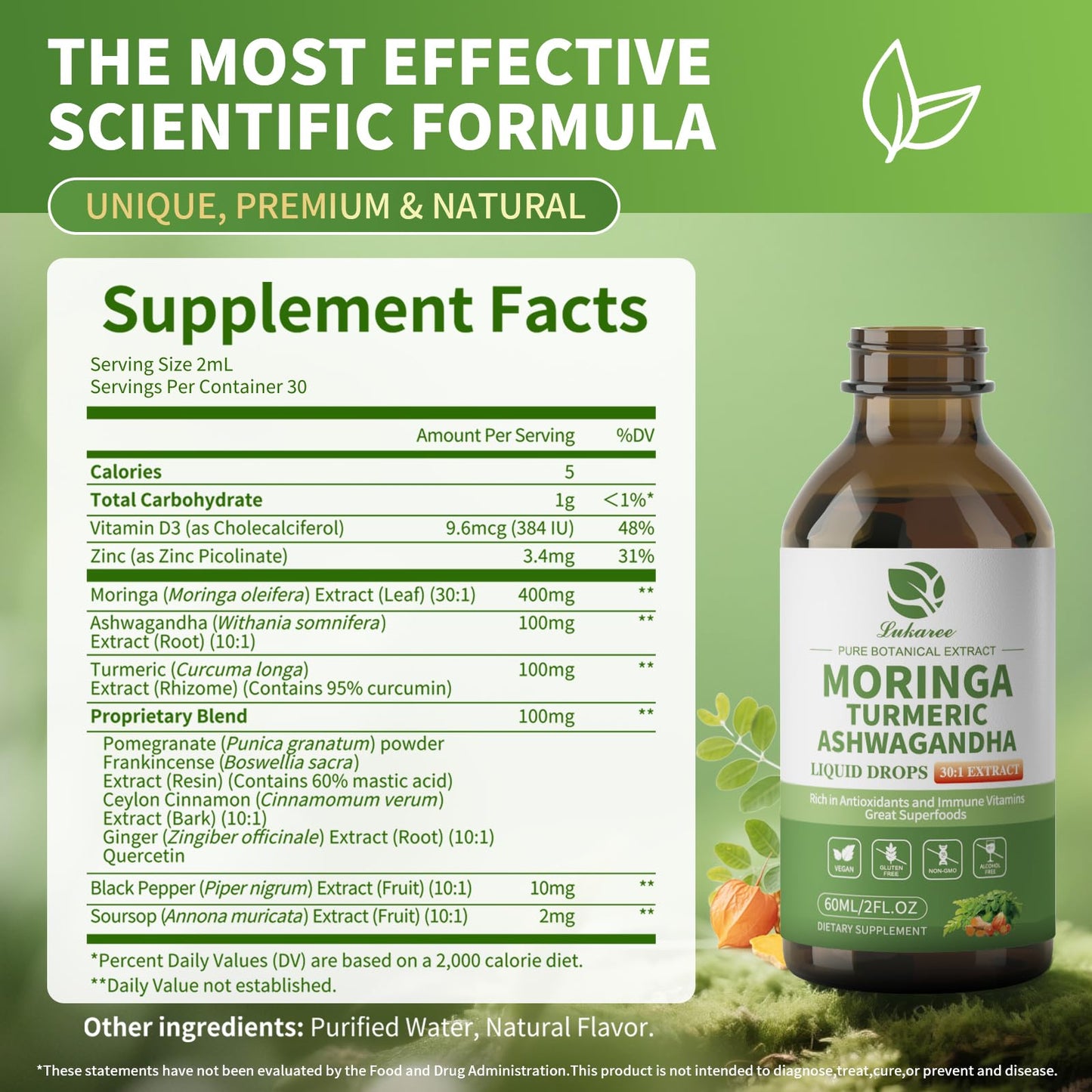 12-in-1 Organic Moringa Drops with Ashwagandha Turmeric Quercetin, Lipsomal 98% Absorption & Extract for Energy Immune Joint Digestive Metabolism, Vegan Non-GMO, More Potency Than Moringa Powder