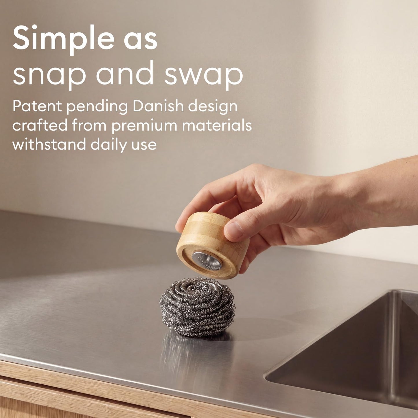 Vove Magnetic Scourer – Rust-Free Stainless Steel Scrubber with FSC-Certified Bamboo Handle, 3 Replacement Pads, for Cast Iron, Pots & Pans, Plastic-Free Zero Waste Cleaner