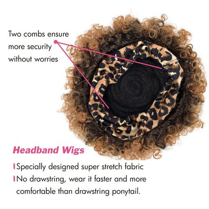 Allyreetress Short Curly Wigs with Headbands Attached for Black Women Synthitic Kinky Curly Afro Puff No Drawstring Ponytail Wig Headwrap Hairstyles With 2 Clips(T1B/30)