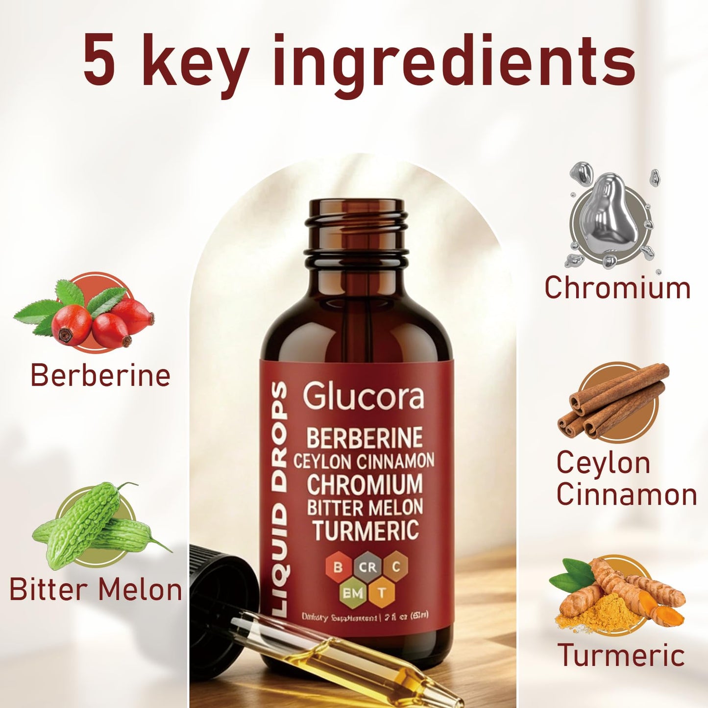 Glucora Berberina Liquida Gotas, Berberine Drops with Ceylon Cinnamon, Bitter Melon, Gymnema, Chromium, Turmeric, Ginger & Moringa for Daily Metabolic Wellness Support, Vegan Sugar-Free Drops, 2 fl oz