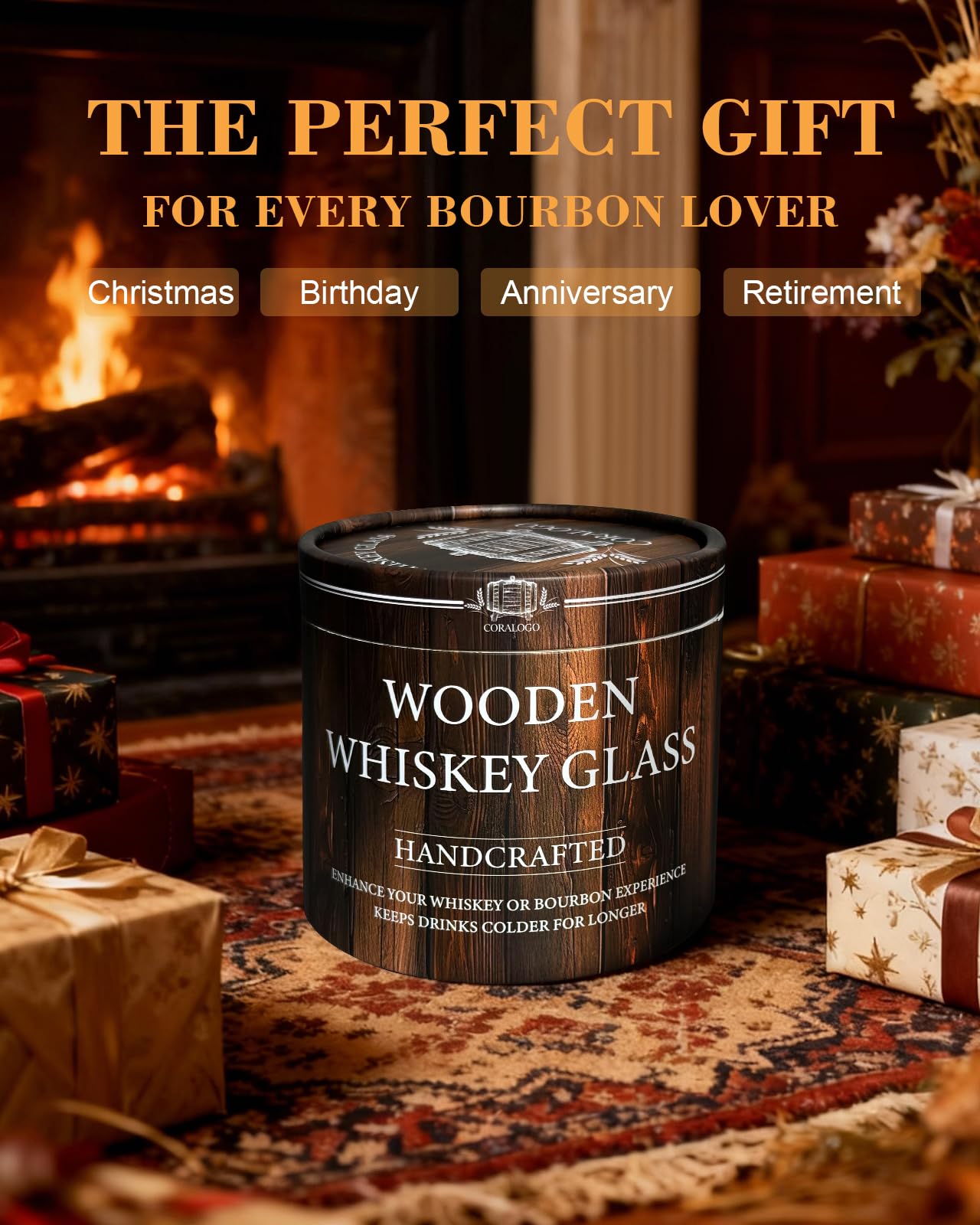 Coralogo Charred Wooden Bourbon Glass - Wooden Whiskey Drinking Glass Set, Charred Whiskey Cup Handcrafted Bourbon Gift for Men Dad Husband with Designed Gift Box, Birthday Retirement