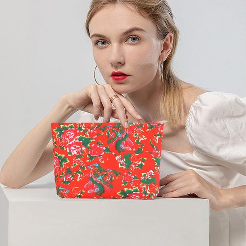 LYDZTION 2PCS Red Floral Makeup Bag Cotton Cosmetic Bag for Women,Large Red Embroidery Makeup Bag with Zipper Portable Pouch Travel Toiletry Bags Makeup Brush Organizer Storage Bag for Women