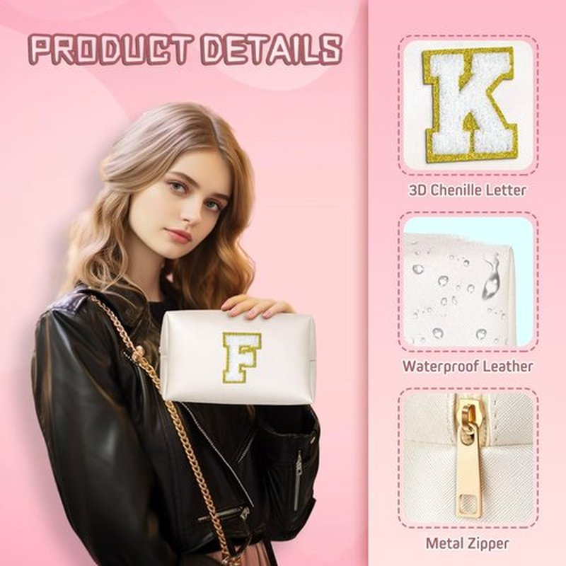 TOPEAST Initial Makeup Bag, Personalized Initial Bags with Zipper, Cute Makeup Pouch, PU Leather Waterproof Cosmetic Bag, Birthday Gift For Women, Preppy Things For Girls (White A)
