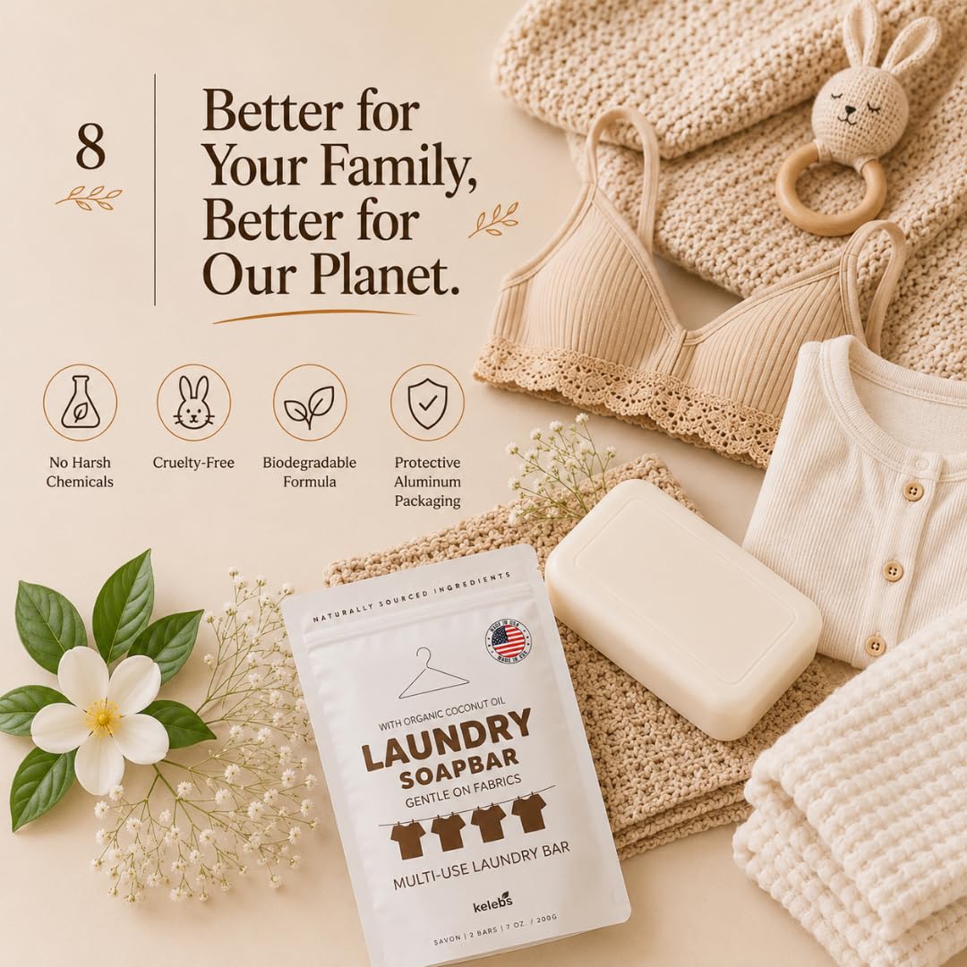 Kelebs Natural Laundry Soap Bar for Sensitive Skin with Organic Coconut - Delicate Laundry Stain Remover for Clothes, Underwear, Collar - Gentle Baby Laundry Soap | 2 Bars