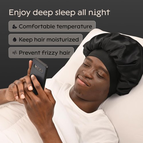 Niagara Satin Bonnet Men - Bonnet for Sleeping Men - Reversible Night Cap - Mens Bonnet for Curly Hair - Large Bonnet with Double Layer (Dark Black)