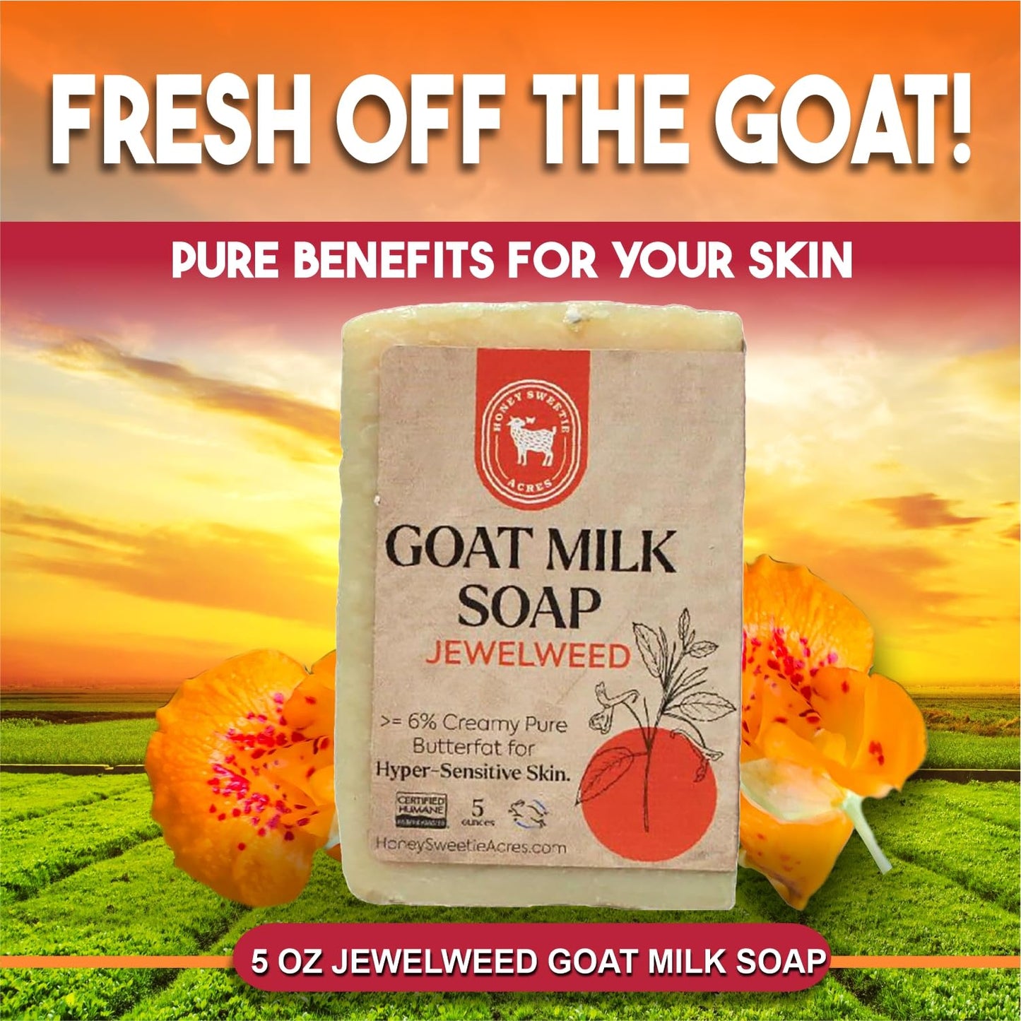 Honey Sweetie Acres Fresh Off The Goat All Natural Moisturizing 5 Oz Bar Of Handmade Jewelweed Goat Milk Soap - Made in USA