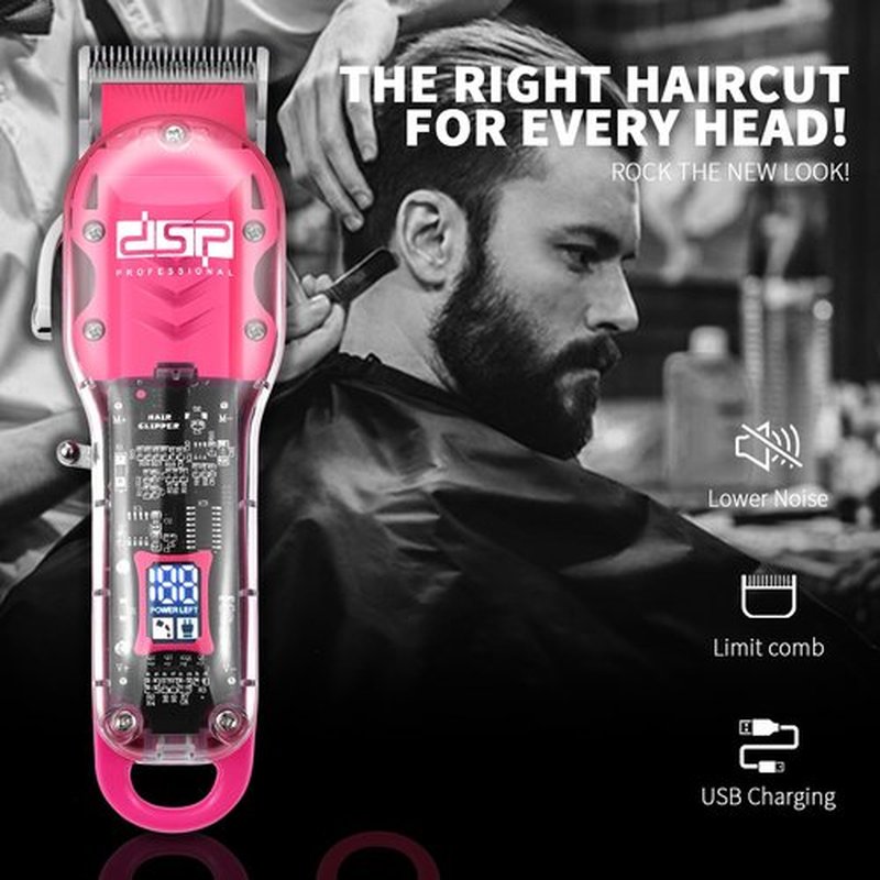 DSP Cordless Barber Clippers for Men - Quiet, Long-Lasting Battery, Stainless Blades, Ideal for Fades & Haircuts, Includes Accessories (Pink Clipper)