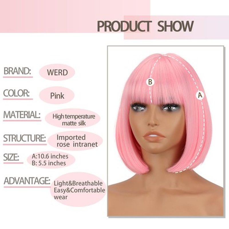WERD Short Pink Bob Wig for Women Light Pink Wig with Bangs Synthetic Hair Straight Pink Bob Wig for Daily Party Cosplay