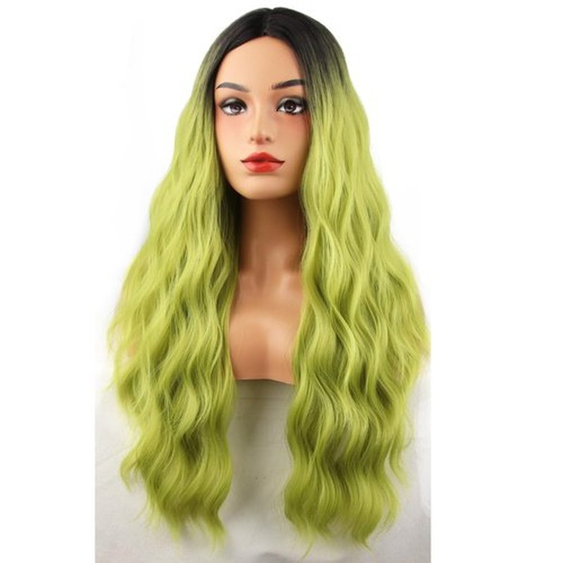 MAGQOO Matcha Green Wigs for Long Curly Wavy Green Wig with Bangs Dark Roots Synthetic Heat Resistant Cosplay Costume Wig Cap Included