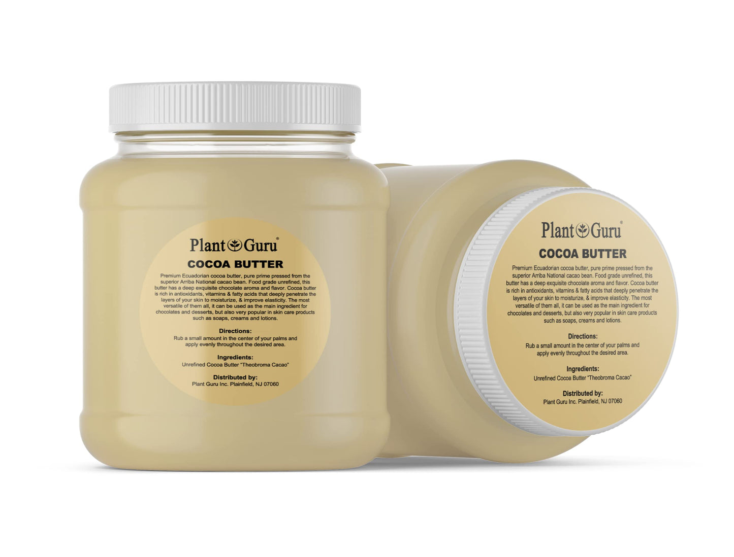 Plant Guru Raw Cocoa Butter 3 lbs. Bulk Jar - 100% Pure Natural Unrefined FOOD GRADE Arriba Nacional Cacao Bean, Great For Chocolate Making, Soap, Lip Balm and Moisturizer For DIY Body Butters