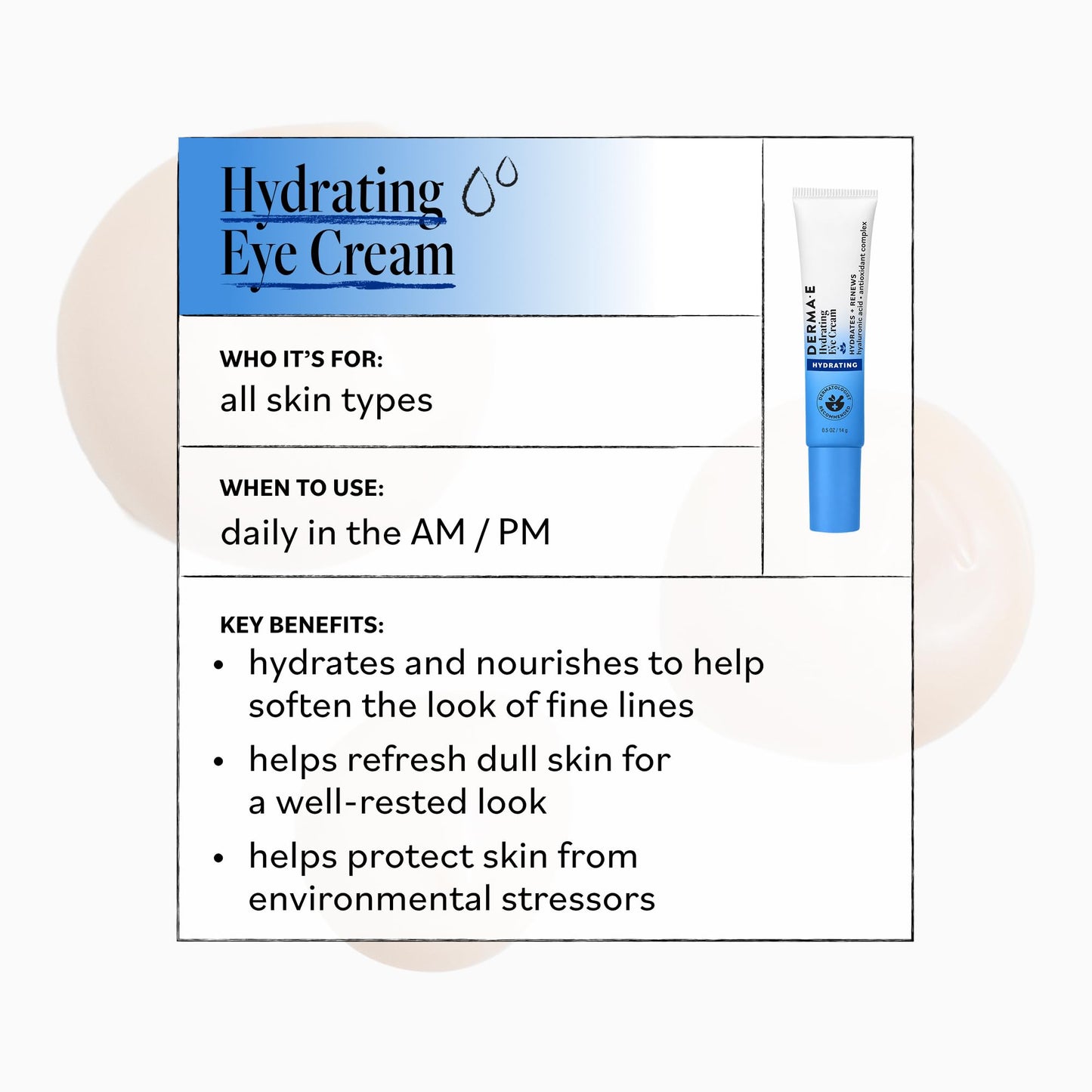 Derma E Hydrating Eye Cream – Firming and Lifting Hyaluronic Acid Treatment - Under Eye and Upper Eyelid Cream Reduces Puffiness and Appearance of Fine Lines, 0.5 oz