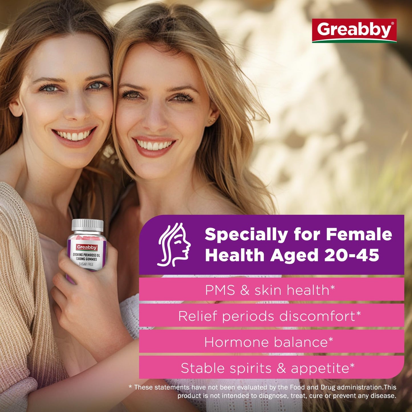 GREABBY Evening Primrose Oil Gummies 1300mg with Black Cohosh & Vitamin B6, Sugar-Free, PMS Relief Supplements for Women 20-45, Chewable PMS Gummies, Strawberry Flavor, Vegan, Pectin, 60 Count
