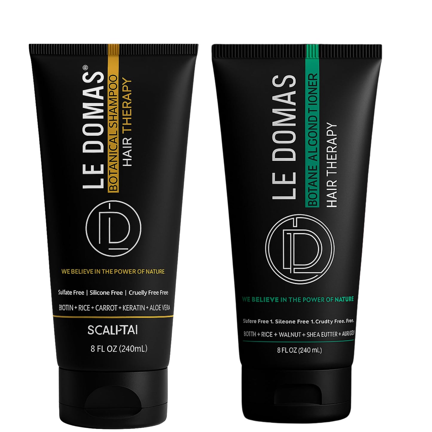 LE DOMAS Botanical Shampoo and Conditioner Set – Sulfate Free Natural Therapy with Biotin, Aloe Vera & Rice - Moisturizing Hair Growth & Repair Formula for Dry, Curly & Color Treated Hair, 8oz Each