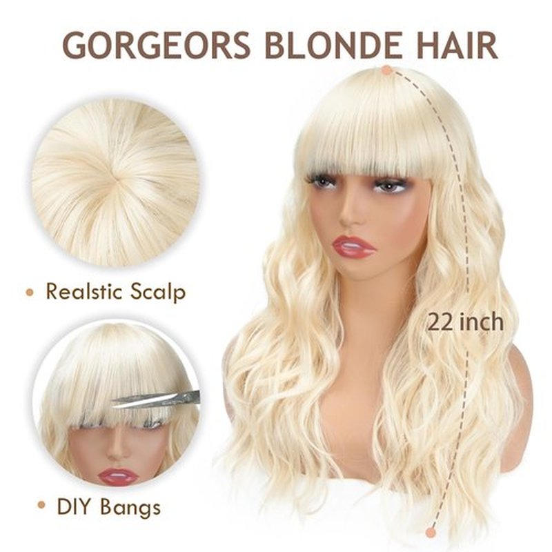 BESSY HAIR 613 Blonde Wig with Bangs Long Wavy Wigs for Women Natural Looking Heat Resistant Blonde Synthetic Wig Daily Party Cosplay Use