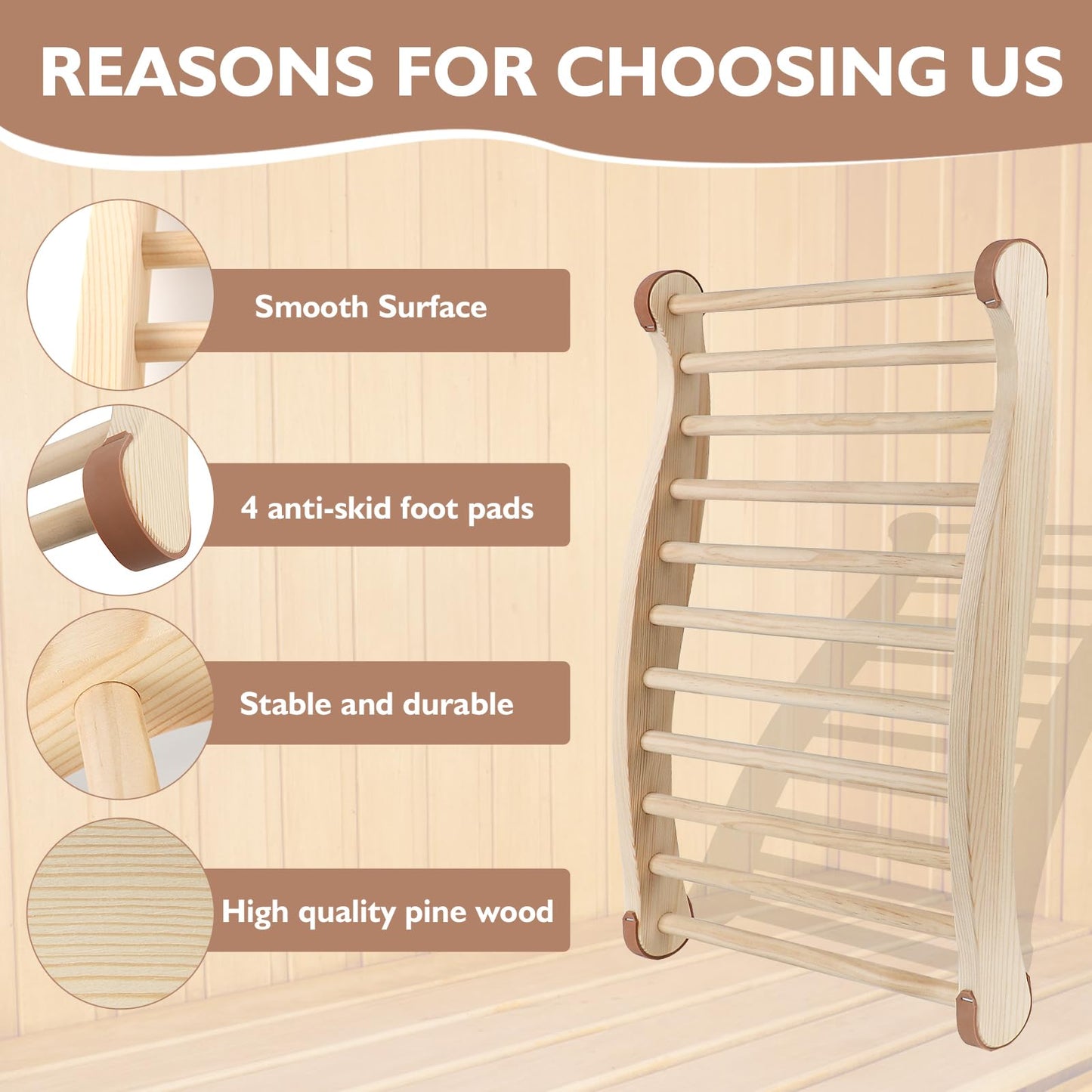 Wiiyita Sauna Backrest Sauna Accessories Wooden Slip-Resistant Non-Toxic Comfortable S-Shape Design Sauna Chair with Back, Sauna Accessories for Any Barrel or Infrared Sauna