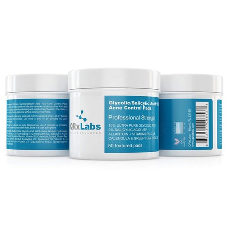 QRxLabs Glycolic/Salicylic Acid 10/2 Acne Control Pads w/ 10% Ultra Pure Glycolic Acid + 2% Salicylic Acid, Allantoin, Vitamin B5, C & E, Calendula & Green Tea - Acne Treatment for Face for Clear Skin